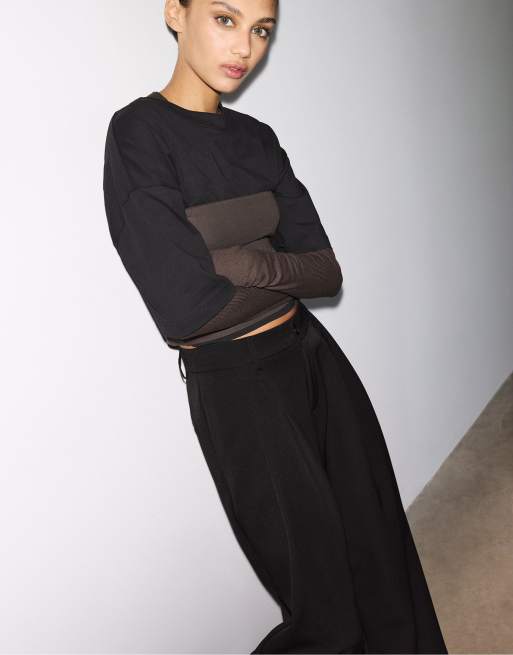 Stradivarius Petite - Pantaloni eleganti a fondo ampio con pinces neri, 4 di 4