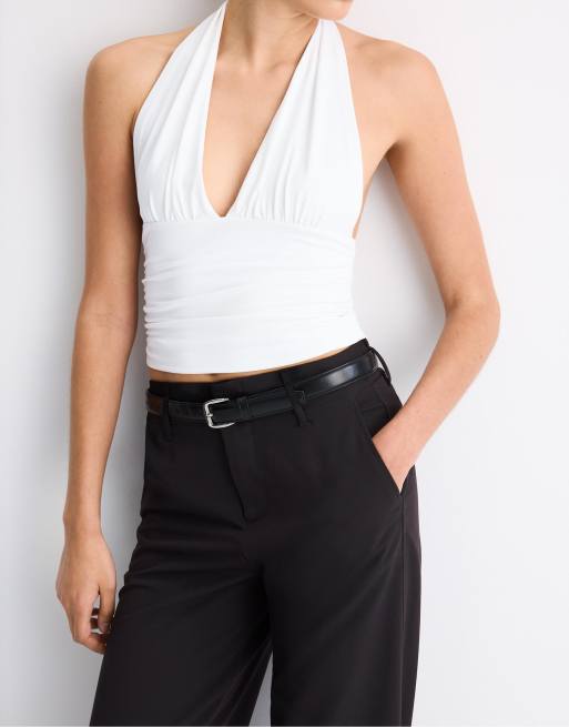Stradivarius Petite pantaloni eleganti dritti fluidi con cintura neri, 4 di 4