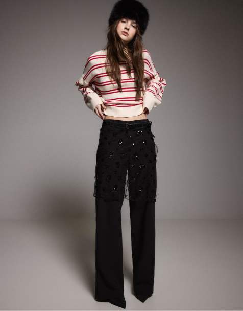 Stradivarius Petite - Pantaloni eleganti fluidi dritti neri con cintura - view 1