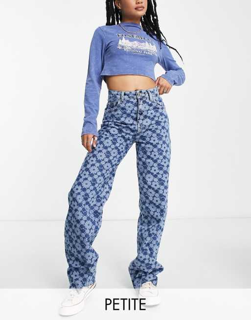 Stradivarius Petite printed dad jeans in blue flower print
