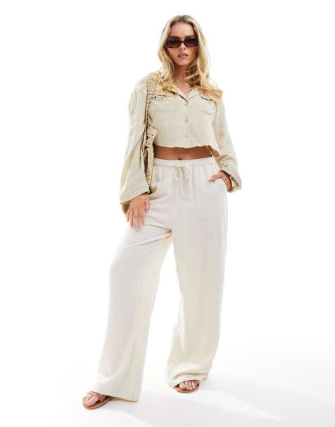 Stradivarius Petite – Pull-on-Hose in Naturfarben mit Leinen-Optik - view 1