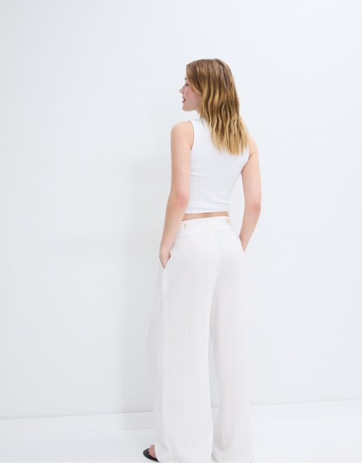Stradivarius Petite – Rustic – Naturvita byxor med vida ben och justerbara knappar, 2 av 4