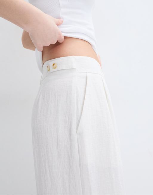 Stradivarius Petite – Rustic – Naturvita byxor med vida ben och justerbara knappar, 3 av 4