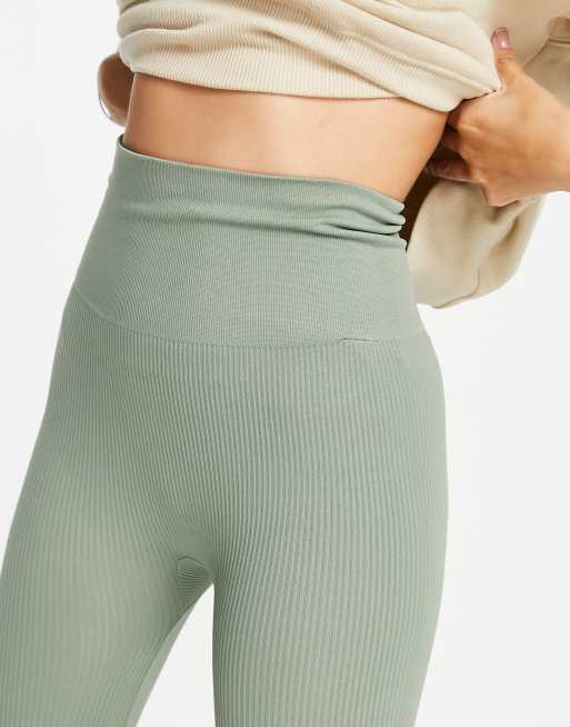 Sage Green Contour Rib Cuffed Detail Leggings