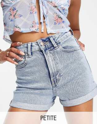 Stradivarius Petite slim mom denim short in light wash blue  - ASOS Price Checker