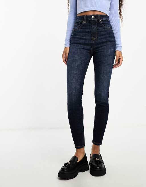 Stradivarius Petite - Skinny jeans met super hoge taille in donkerblauw, 2 van 5