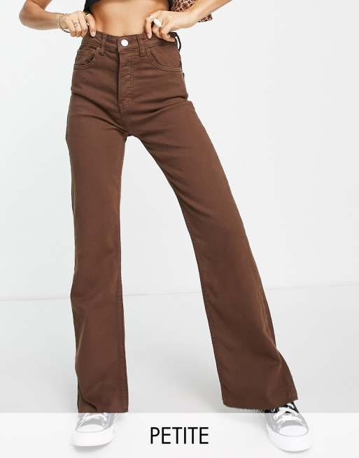 Stradivarius Petite slim flare jeans with split detail in brown