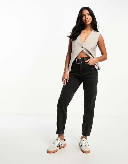 Stradivarius Petite slim mom jeans with stretch in black