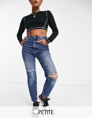 Stradivarius Petite slim mom jean with stretch and rip in medium blue  - ASOS Price Checker