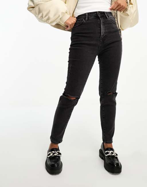 Stradivarius Petite slim mom jean with stretch and rip in washed black, ASOS