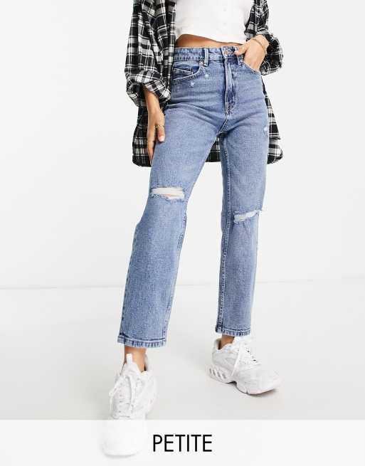 Stradivarius Petite slim mom jeans with stretch and rip in authentic blue  