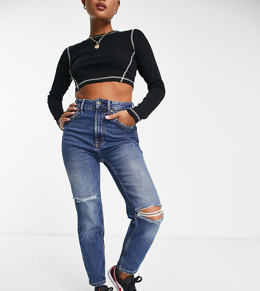 Shop Stradivarius Petite Slim Mom Jeans With Stretch And Rips In Medium Blue