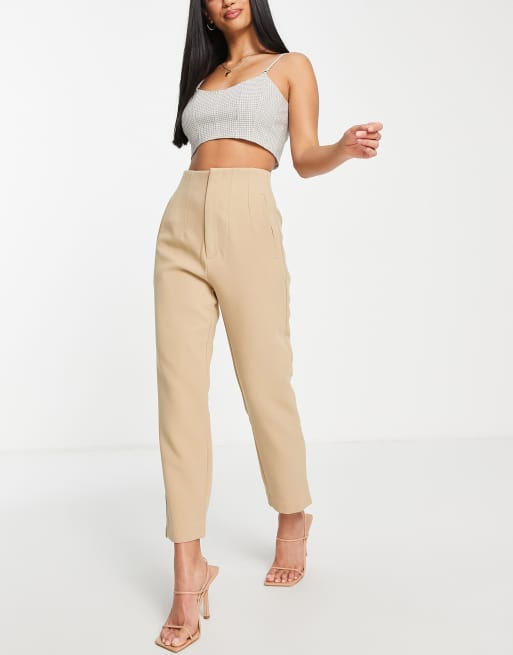 Stradivarius Petite slim tailored trousers in dark beige