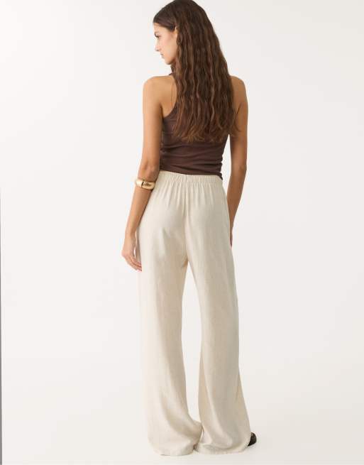 Stradivarius Petite - Soepelvallende broek van linnenmix in stone, 2 van 4