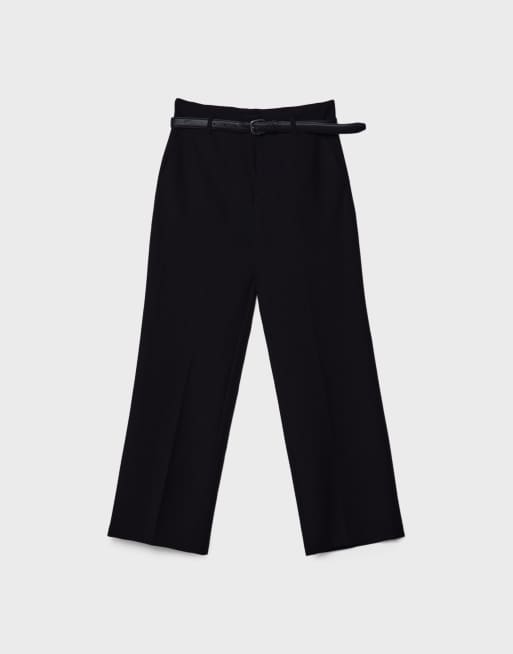 Stradivarius Petite - Sorte elegante bukser med lige flagrende ben og bælte, 6 af 7