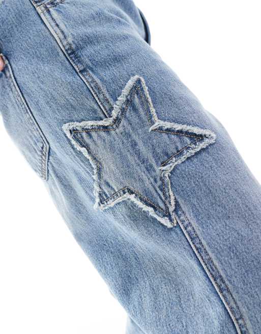 Stradivarius Petite - STR - Jeans met wijde pijpen en stervormige patch in middenblauw, 5 van 5