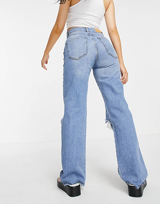  Stradivarius Petite straight leg 90s jeans with rips in blue 