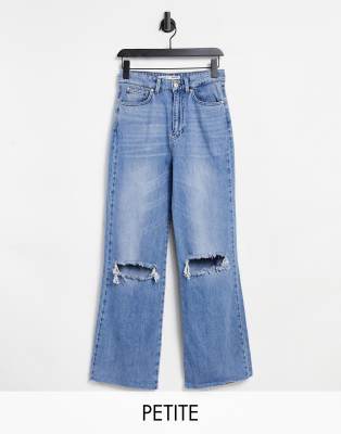 Stradivarius Petite Straight Leg 90s Jeans With Rips In Blue-blues In Blues