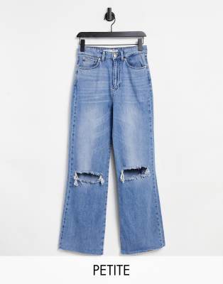 Stradivarius Petite straight leg 90s jeans with rips in blue-Blues