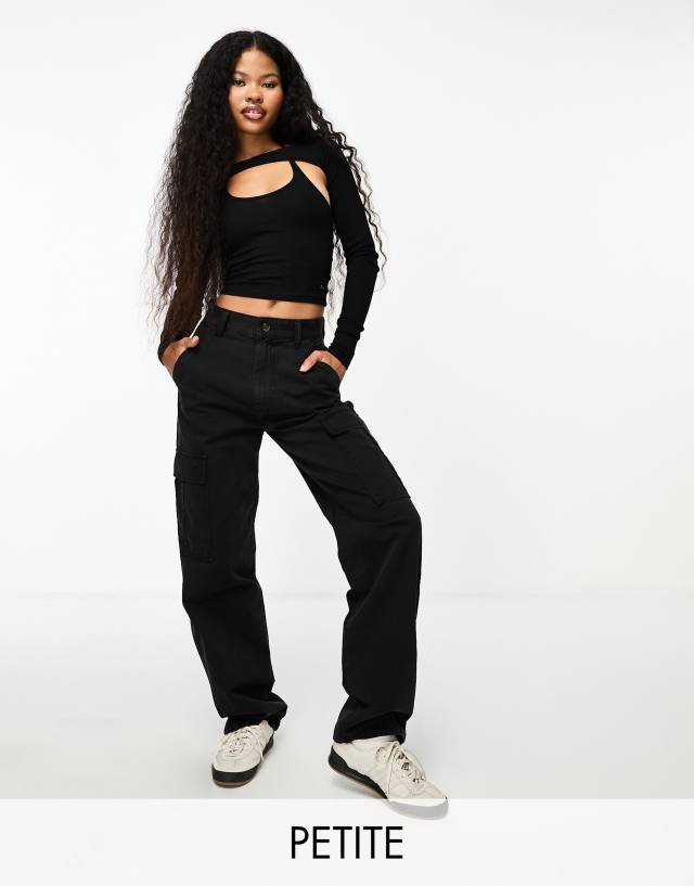 Stradivarius Petite straight leg cargo pants in black