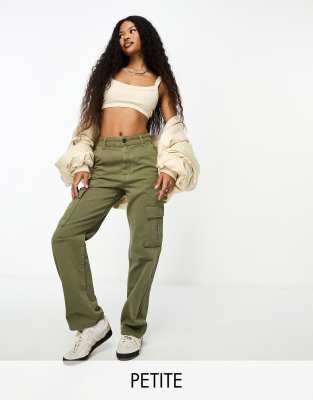 Stradivarius Petite Straight Leg Cargo Pants In Khaki-green