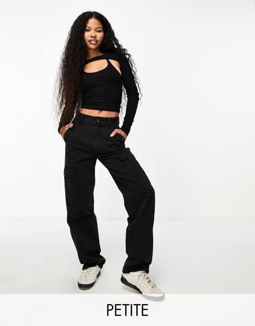 Stradivarius Petite straight leg cargo trouser in black | ASOS