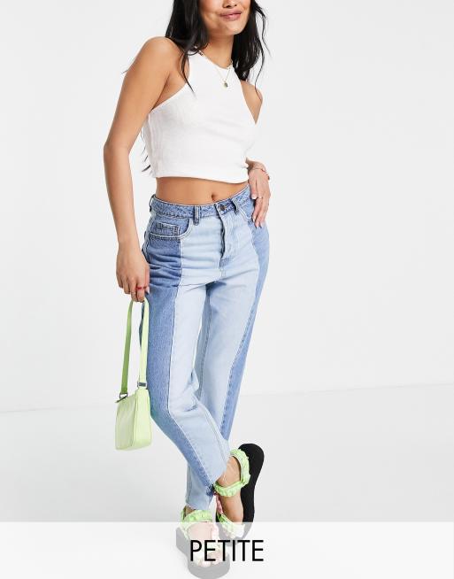 Stradivarius Petite straight leg contrast two tone jeans with raw hem in blue