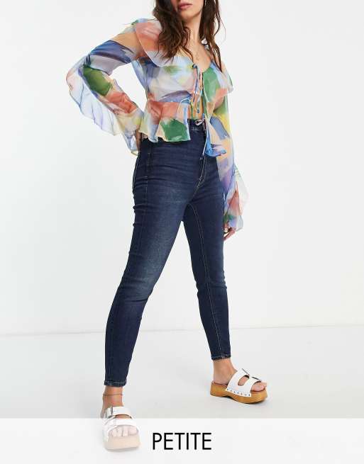 Stradivarius Petite super high waist skinny jean in mid blue