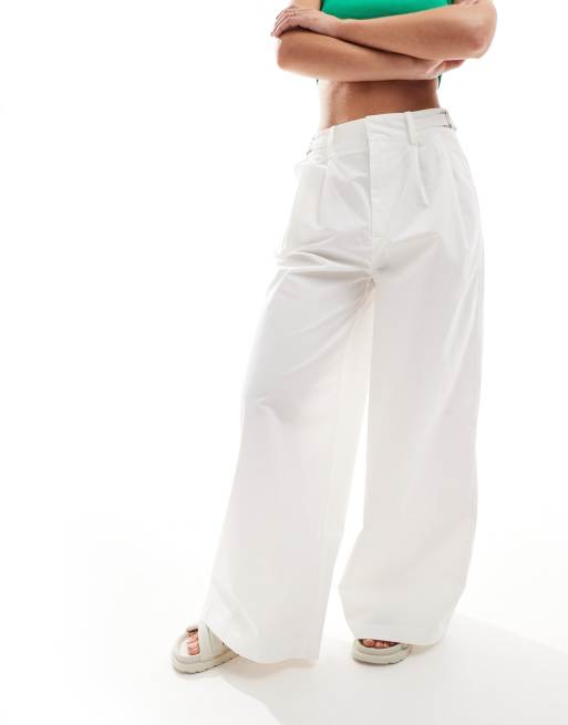 Stradivarius Petite tailored cotton super wide leg pants in white