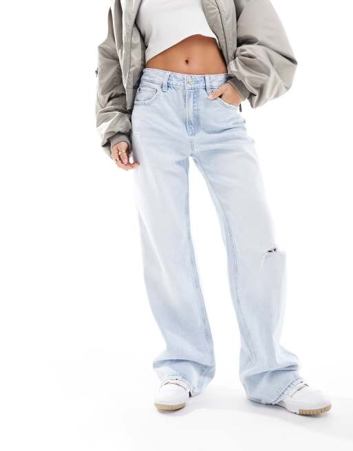 Stradivarius Petite wide leg dad jeans in light wash blue ASOS