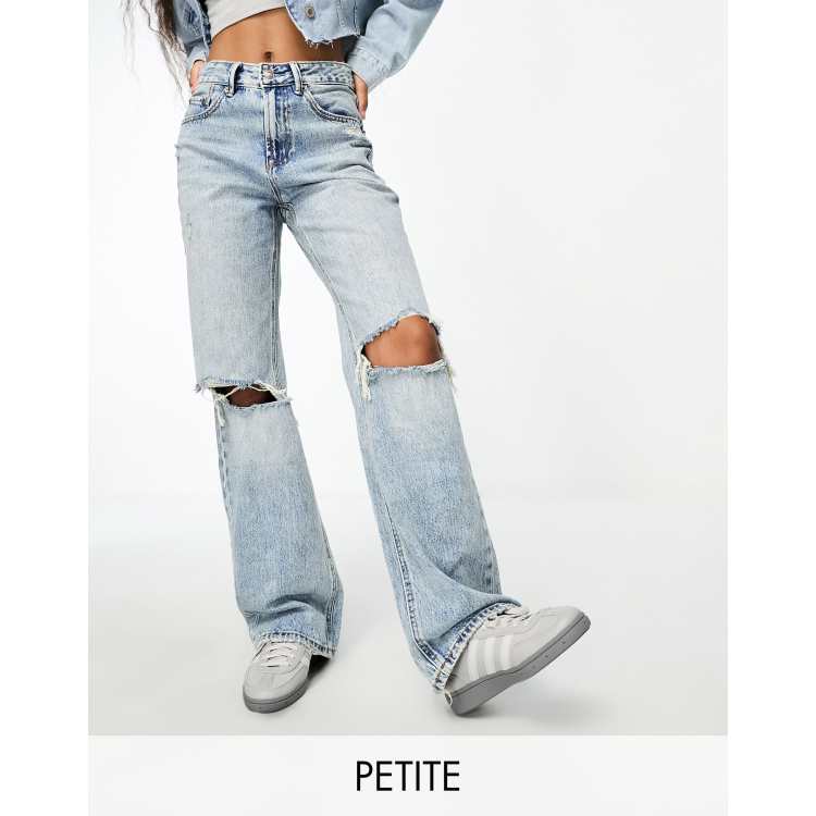 Stradivarius Petite wide leg dad jeans with rips in medium blue