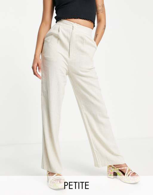 Stradivarius Petite wide leg linen dad pants in natural | ASOS