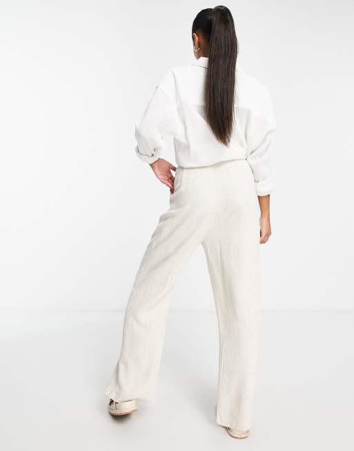 Stradivarius Petite wide leg linen dad trouser in natural , 3 of 4