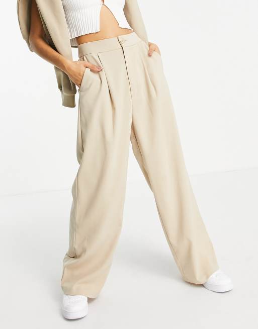 Stradivarius Petite wide leg relaxed dad pants in beige