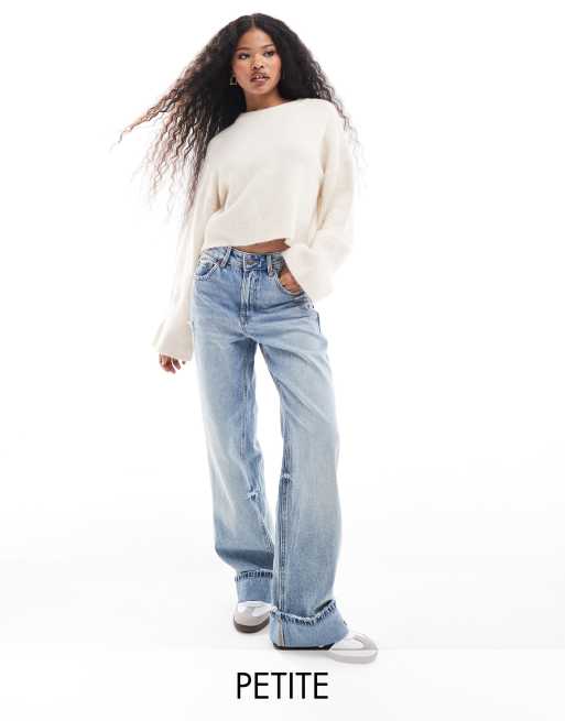 Stradivarius Petite wide leg turn up dad jeans in light blue