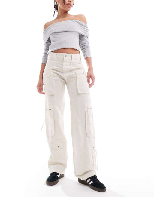 Stradivarius – Piaskowe luźne jeansy w stylu roboczym