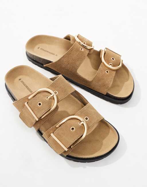 Stradivarius – Piaskowe sandały z dwoma paskami z zapięciem na klamrę , 2 z 4