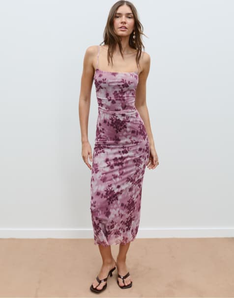 Stradivarius - Pink midikjole med print i tyl - view 1