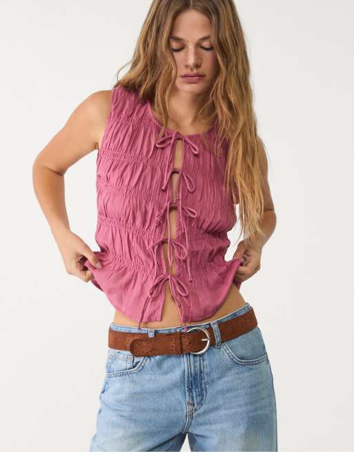 Stradivarius - Pink rynket top med bindebånd
