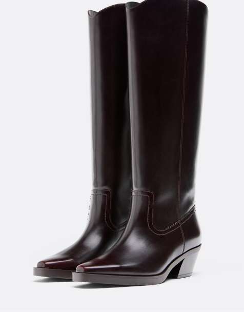 Stradivarius Plain cowboy boots in burgundy - view 1