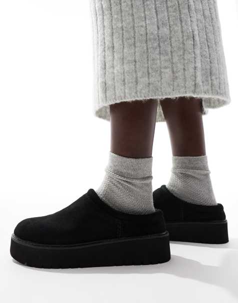 Stradivarius platform fluffy mule in black - view 1