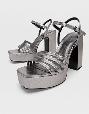 Stradivarius platform glitter heeled sandals in metallic
