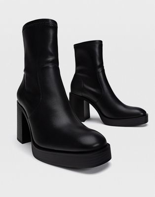 Stradivarius platform heeled ankle sock boot in black