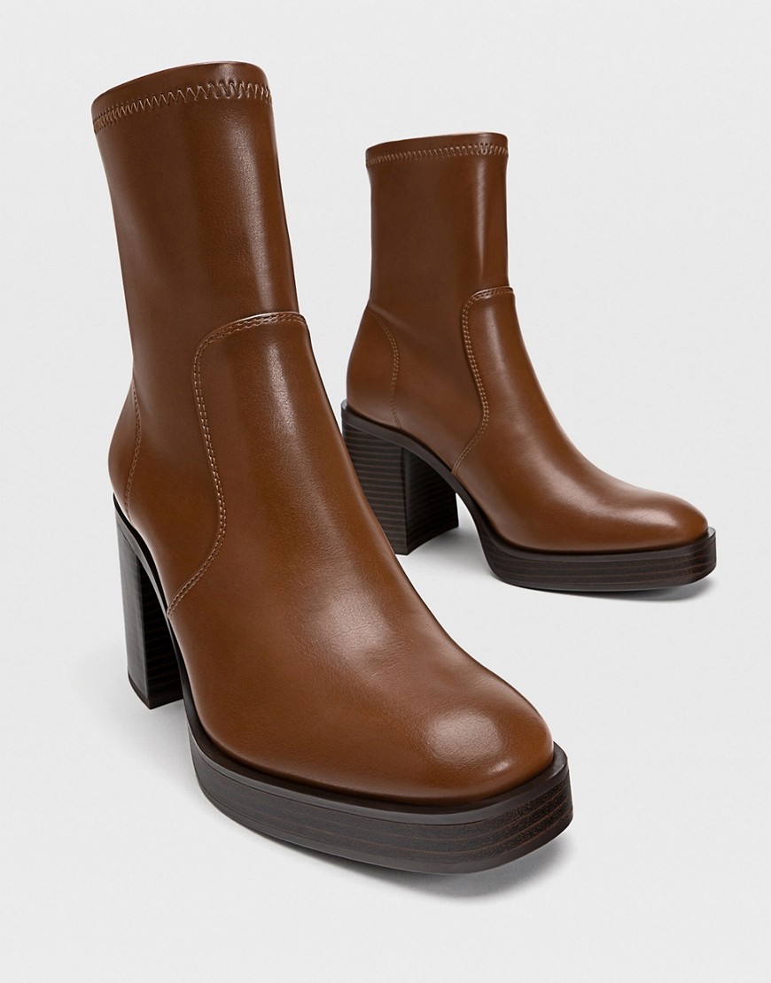 Stradivarius platform heeled ankle sock boot in brown with contrast heel