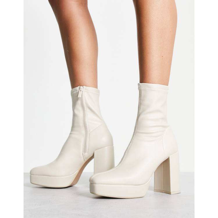 Stradivarius platform heeled boot in ecru | ASOS