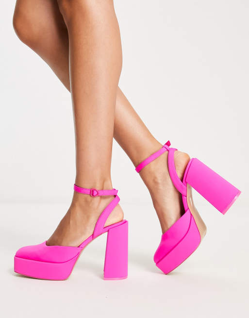 Stradivarius platform heeled sandal in pop pink , 3 of 4