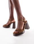 [Stradivarius] Stradivarius platform sandals in brown leather suede 39 BROWN