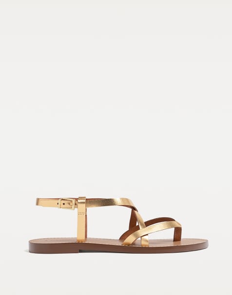 Stradivarius - Platte leren sandalen met bandjes in goud - view 1