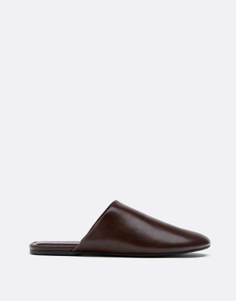 Stradivarius - Platte muiltjes met leereffect in bruin - view 1