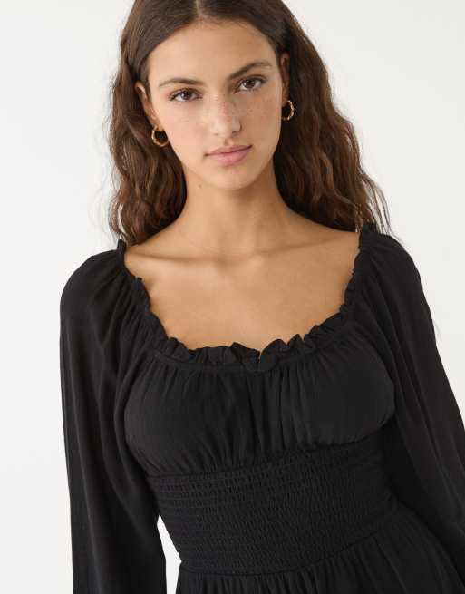 Stradivarius - Playsuit met lange mouwen en gesmokte taille in zwart, 4 van 4